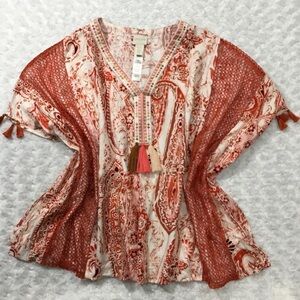 CHICO’S Paisley Print Embroidered Poncho Crotchet Mesh Lace Tassel Size S/M